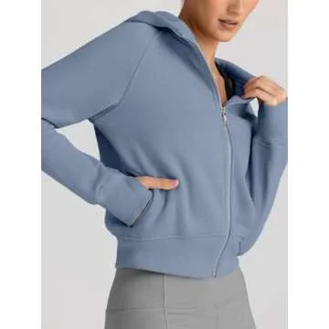 Trendy Queen Womens Zip Up Hoodies Jackets Cropped Sweatshirts Fleece Fall Outfits Casual Comfy Y2k Tops Winter Clothes 2025 GreyBlue S