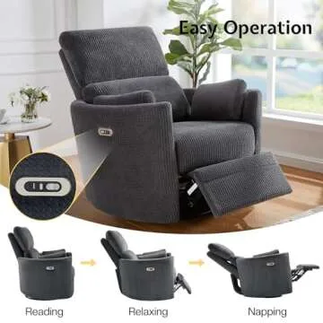 Jocisland Power Swivel Glider Rocking Recliner, Nursery Rocker Chair for Adults with 4 Massage Points, 2 Pillows, USB & Type-C Charge,Barrel Armchair for Living Room Bedroom, Grey