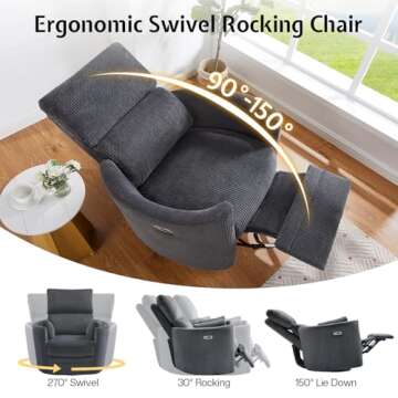 Jocisland Power Swivel Glider Rocking Recliner, Nursery Rocker Chair for Adults with 4 Massage Points, 2 Pillows, USB & Type-C Charge,Barrel Armchair for Living Room Bedroom, Grey