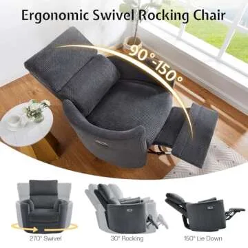 Jocisland Power Swivel Glider Rocking Recliner, Nursery Rocker Chair for Adults with 4 Massage Points, 2 Pillows, USB & Type-C Charge,Barrel Armchair for Living Room Bedroom, Grey