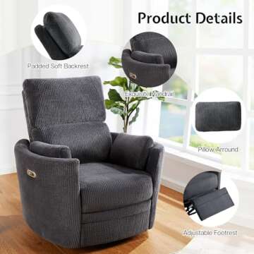 Jocisland Power Swivel Glider Rocking Recliner, Nursery Rocker Chair for Adults with 4 Massage Points, 2 Pillows, USB & Type-C Charge,Barrel Armchair for Living Room Bedroom, Grey