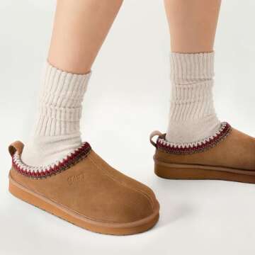 FITORY Women's Suede Slipper | Flat Short Mini Boots with Fur Fleece | Winter Casual Comfort Shoes Chestnut Size 9