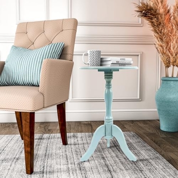 Chic Antique Iced Blue Round Pedestal Accent Side Table