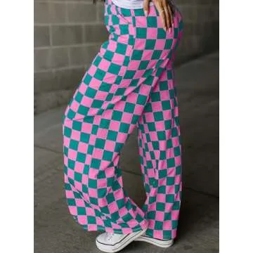 Acelitt Women's Casual Checkered Pants 2025 Spring Summer Lightweight Elastic Waist Comfy Loose Wide Leg Plaid Beach Pants Trousers Vacation Outfits Pink Large