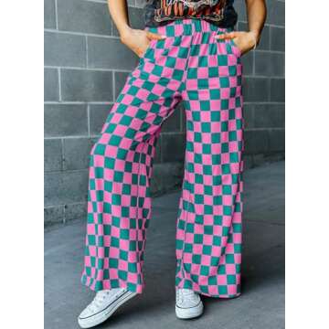 Acelitt Women's Casual Checkered Pants 2025 Spring Summer Lightweight Elastic Waist Comfy Loose Wide Leg Plaid Beach Pants Trousers Vacation Outfits Pink Large
