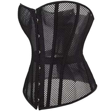 SHYMMUO Women's Black Corset Top Mesh Boned Body Shaper Sexy Lace Up Overbust Waist Trainer L