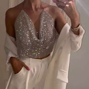 deladola Rhinestone Tank Tops Silver Sparkly Crystals Crop Top V Neck Halter Backless Summer Beach Outfits for Women