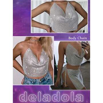 deladola Rhinestone Tank Tops Silver Sparkly Crystals Crop Top V Neck Halter Backless Summer Beach Outfits for Women