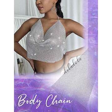 deladola Rhinestone Tank Tops Silver Sparkly Crystals Crop Top V Neck Halter Backless Summer Beach Outfits for Women