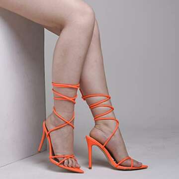 Elisabet Tang Heeled Sandals, Women's Sexy Strappy 4.3 inch Stilettos High Heels Lace Up Heeled Sandals Pointed Open Toe Party Dress Shoes Neon Orange Size 11