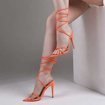 Elisabet Tang Heeled Sandals, Women's Sexy Strappy 4.3 inch Stilettos High Heels Lace Up Heeled Sandals Pointed Open Toe Party Dress Shoes Neon Orange Size 11
