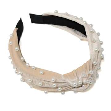yueton Women Faux Pearl Headbands Twisted Cross Knot Velvet Headbands Elegant Bling Hair Band Hairpi...