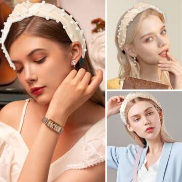 yueton Women Faux Pearl Headbands Twisted Cross Knot Velvet Headbands Elegant Bling Hair Band Hairpins Headwear Barrette Styling Tools Accessories Creamy White