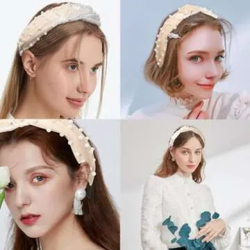 yueton Women Faux Pearl Headbands Twisted Cross Knot Velvet Headbands Elegant Bling Hair Band Hairpins Headwear Barrette Styling Tools Accessories Creamy White