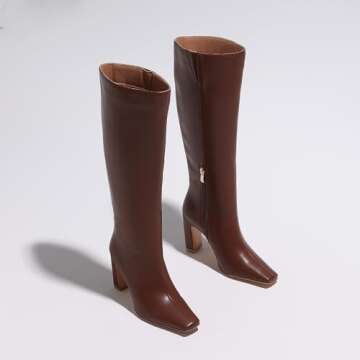 Lovee Cosee Brown Leather Boots for Women Knee High Tall Boots for Women Square Toe Chunky Heels Wid...