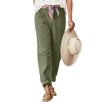 EVALESS Casual Pants for Women Trendy Elastic High Waisted Button Down Pants Straight Leg Loose Cott...