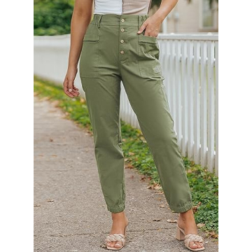 EVALESS Casual Pants for Women Trendy Elastic High Waisted Button Down Pants Straight Leg Loose Cotton Trousers with Pockets Green Size 10
