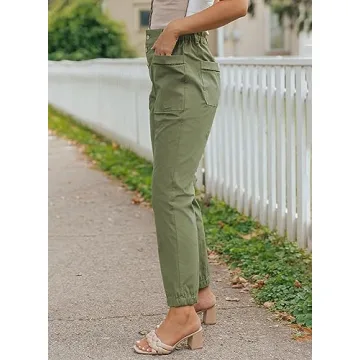 EVALESS Casual Pants for Women Trendy Elastic High Waisted Button Down Pants Straight Leg Loose Cotton Trousers with Pockets Green Size 10