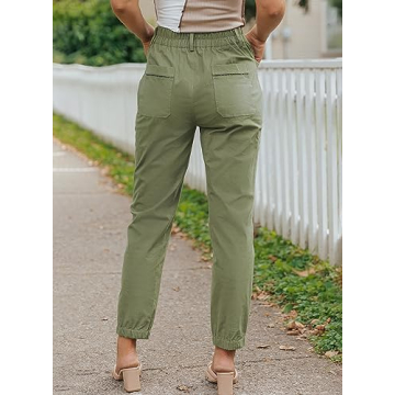 EVALESS Casual Pants for Women Trendy Elastic High Waisted Button Down Pants Straight Leg Loose Cotton Trousers with Pockets Green Size 10