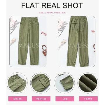 EVALESS Casual Pants for Women Trendy Elastic High Waisted Button Down Pants Straight Leg Loose Cotton Trousers with Pockets Green Size 10
