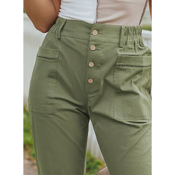 EVALESS Casual Pants for Women Trendy Elastic High Waisted Button Down Pants Straight Leg Loose Cotton Trousers with Pockets Green Size 10