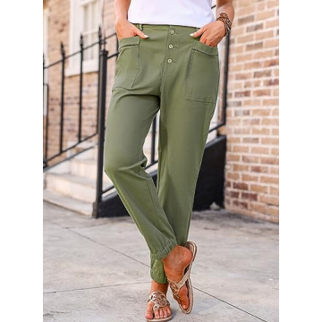 EVALESS Casual Pants for Women Trendy Elastic High Waisted Button Down Pants Straight Leg Loose Cotton Trousers with Pockets Green Size 10