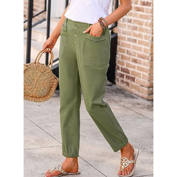 EVALESS Casual Pants for Women Trendy Elastic High Waisted Button Down Pants Straight Leg Loose Cotton Trousers with Pockets Green Size 10