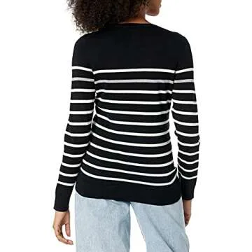 Amazon Essentials Women's Long-Sleeve Lightweight Crewneck Sweater (Available in Plus Size), Black Grey White Stripe, Small