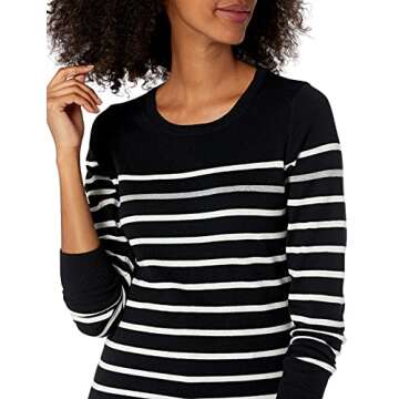 Amazon Essentials Women's Long-Sleeve Lightweight Crewneck Sweater (Available in Plus Size), Black Grey White Stripe, Small