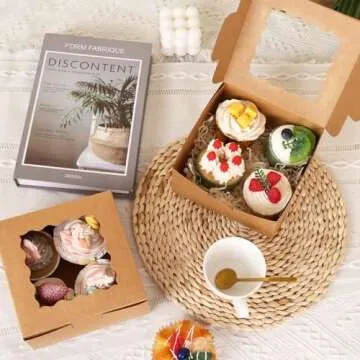 Moretoes 24pcs Bakery Boxes, 6x6x3in Brown Cookie Boxes, Mini Cake Boxes with Window Included Parchment Paper and Stickers, Pastry Boxes for Party, Wedding, Mother's Day, Birthday Day