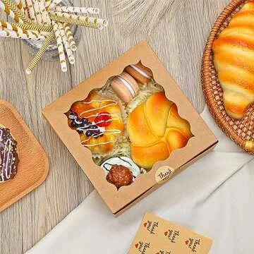 Moretoes 24pcs Bakery Boxes, 6x6x3in Brown Cookie Boxes, Mini Cake Boxes with Window Included Parchment Paper and Stickers, Pastry Boxes for Party, Wedding, Mother's Day, Birthday Day