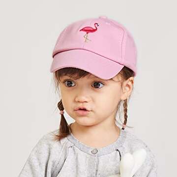 Juenier Kids Lightweight Sun Hat Toddler Baseball Cap Sun Protection Caps with Adjustable Strap for Boys Girls Ages 1-3(S-Pink Flamingos)