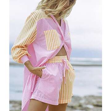 SAFRISIOR Women Casual 2 Pieces Loungewear Loose Tracksuit Button Down Long Sleeve Shirt And Elastic Shorts Set Outfits Yellow Pink