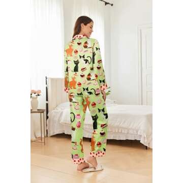 Ekouaer Silk Pajamas Y2k Striped Animal Print Satin Pj Sets Button Down Long Sleeve Silky Pjs Sleepwear Loungewear for Women Coffee Cat Medium