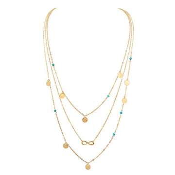 Gold Layered Necklace Pendant for Women Boho Multilayer Chain Beads Leaf Disc Charm Costume Jewelry Sets 4Pcs E600G-