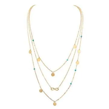 Gold Layered Necklace Pendant for Women Boho Multilayer Chain Beads Leaf Disc Charm Costume Jewelry Sets 4Pcs E600G-