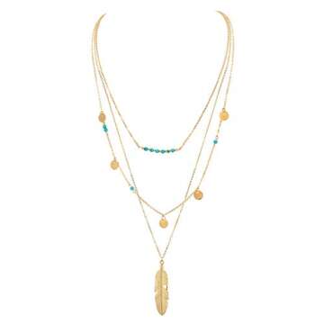 Gold Layered Necklace Pendant for Women Boho Multilayer Chain Beads Leaf Disc Charm Costume Jewelry Sets 4Pcs E600G-