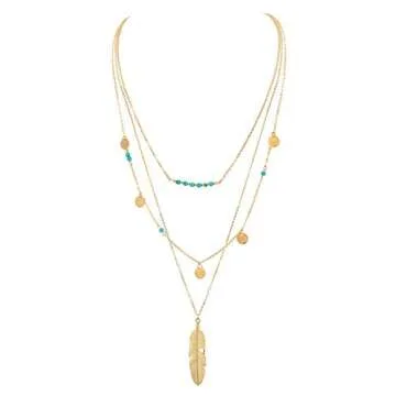 Gold Layered Necklace Pendant for Women Boho Multilayer Chain Beads Leaf Disc Charm Costume Jewelry Sets 4Pcs E600G-