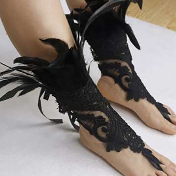 Black Lace Feather Gloves for Women - Witch Angel Style