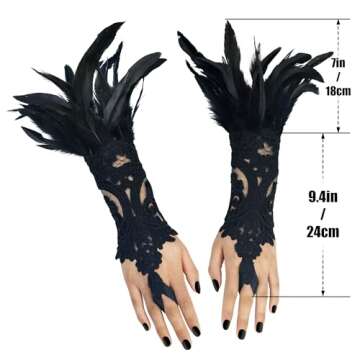 Black Lace Feather Gloves for Women - Witch Angel Style