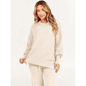 ANRABESS Women 2 Piece Outfits Oversized Chunky Knit Sweater Top Wide Leg Pants 2024 Fall Lounge Set Trendy Cozy Clothes Multicolor X-Large