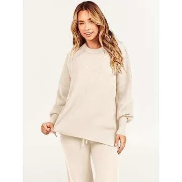 ANRABESS Women 2 Piece Outfits Oversized Chunky Knit Sweater Top Wide Leg Pants 2024 Fall Lounge Set Trendy Cozy Clothes Multicolor X-Large
