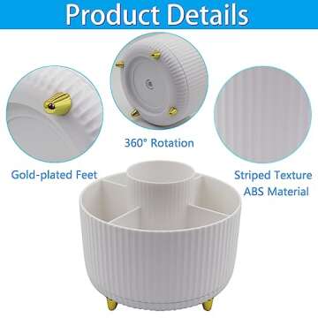 Flytreal Desk Pen Holder Pencil Organizer, 360 Rotating Plastic Desktop Stationary Makeup Brush Storage Organization, 5 Compartments Spinning Pen Caddy for Home Office School Art Supplies(White)