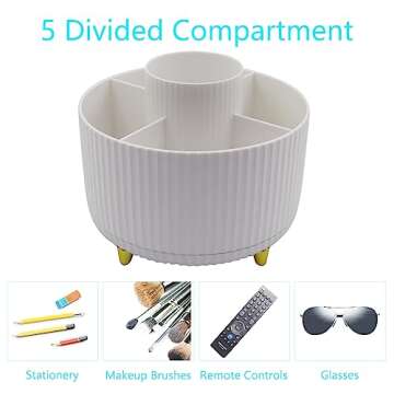 Flytreal Desk Pen Holder Pencil Organizer, 360 Rotating Plastic Desktop Stationary Makeup Brush Storage Organization, 5 Compartments Spinning Pen Caddy for Home Office School Art Supplies(White)