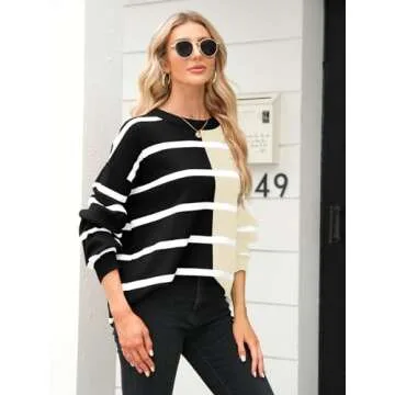 Fisoew Womens Lightweight Striped Crew Neck Sweater