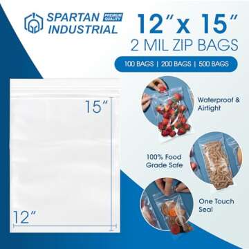 Spartan Industrial - 12" X 15" (100 Count) 2 Mil Clear Reclosable Zip Plastic Poly Bags with Reseala...
