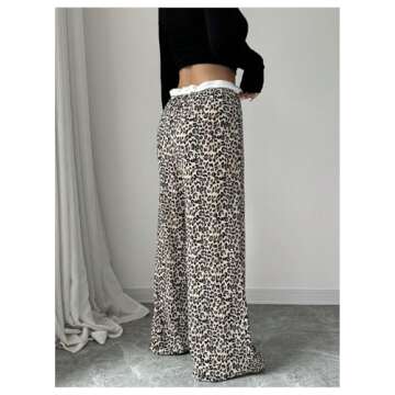 MakeMeChic Women's Leopard Print Pants Lettuce Trim Drawstring Waist Wide Leg Baggy Streetwear Long Trousers Multicolor Medium