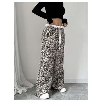 MakeMeChic Women's Leopard Print Pants Lettuce Trim Drawstring Waist Wide Leg Baggy Streetwear Long Trousers Multicolor Medium