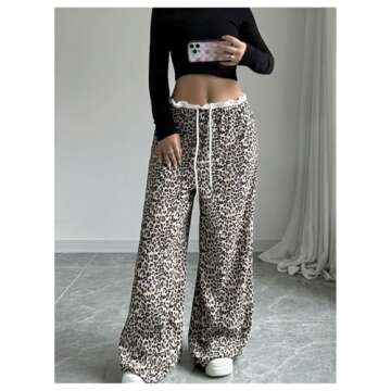 MakeMeChic Women's Leopard Print Pants Lettuce Trim Drawstring Waist Wide Leg Baggy Streetwear Long Trousers Multicolor Medium