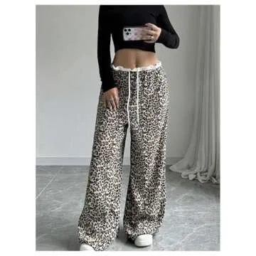 MakeMeChic Women's Leopard Print Pants Lettuce Trim Drawstring Waist Wide Leg Baggy Streetwear Long Trousers Multicolor Medium